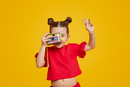 Smiling kid with photo cameraの写真素材
