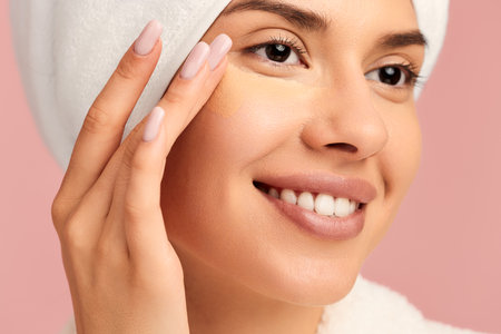 Crop smiling woman applying concealer under eyesの写真素材