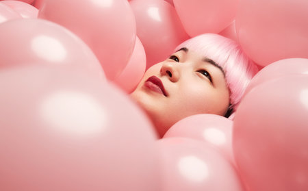 Woman Surrounded by Pink Balloons Looking Thoughtfulの写真素材