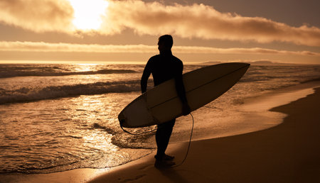 Surfer Walking on Beach at Sunset with Surfboardの写真素材