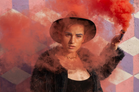 Portrait Of Stylish Woman With Smoke And Geometric Background in Vibrant Colors