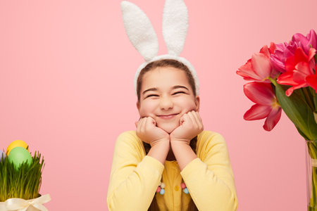 Cute happy girl in bunny earsの写真素材