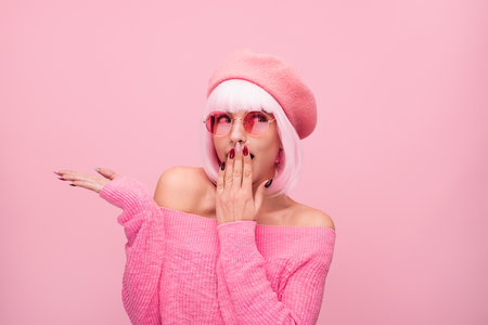 Stylish Woman in Pink Outfit Posing Against a Vibrant Pink Backgroundの写真素材
