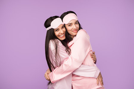 Two Happy Women Hugging in Pink Pajamas Against a Solid Purple Backgroundの写真素材