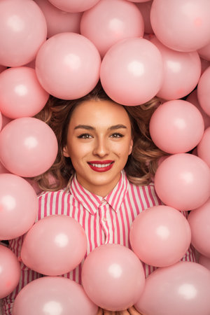 Smiling Woman Among Pink Balloons Wearing Striped Shirtの写真素材