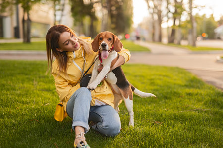 Young Woman Playing with Her Beagle Dog Outdoors on a Sunny Dayの写真素材