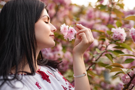Woman Enjoying Fragrant Cherry Blossoms in a Beautiful Spring Settingの写真素材