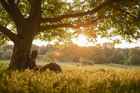 Man Relaxing Under Tree at Sunset in a Peaceful Outdoor Settingの写真素材