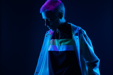 Stylish Individual Posing in Futuristic Neon Lightingの写真素材