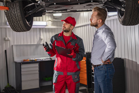 Mechanic and Customer Inspecting Car in an Auto Repair Shopの写真素材