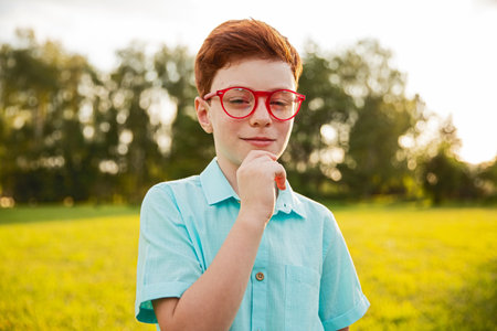 Young Boy with Red Glasses Standing Thoughtfully in a Green Parkの写真素材