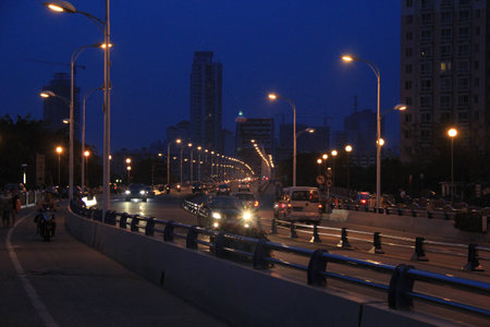 View of highway in a city at nightの写真素材