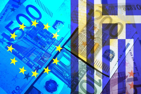 Greece crisis European flag and flag of Greece banner billsの写真素材