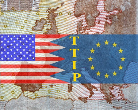 TTIP American and European flag in front of a map of Europe.の写真素材