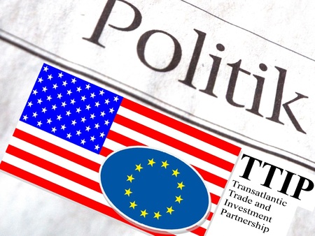 TTIP American and European flag under the title policyの写真素材