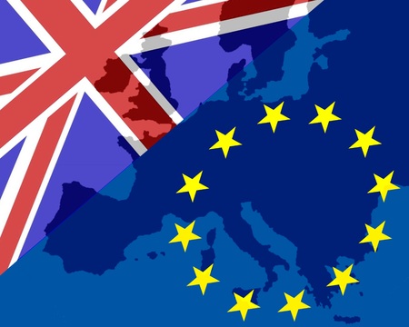 Power Struggle Between the UK and Europe The flags of Britain and Europe make the contours of Europe show throughの写真素材