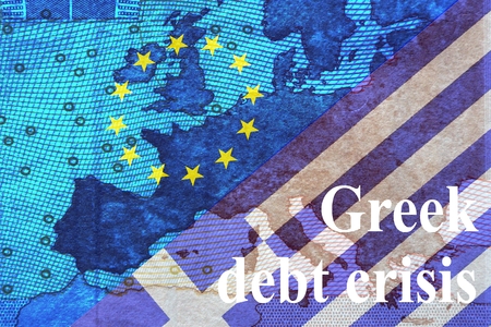 Greek Debt Crisis Behind the europischsen Flag with star circle the contours of Europe in the lower right corner is the Greek flag with the inscription Greek debt crisisの写真素材