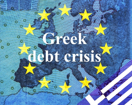 Greek debt crisis Greek and European flag in front of the contours of Europe in a circle of stars the inscription: Greek debt crisisの写真素材
