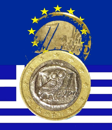 Greek debt crisis European flag greek flag down front below a Greek euro above a Partially translucent Euroの写真素材