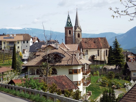 Church of St. Nicholas with two steeples, localpart of Caldaro, Caldaro Caldaro, Italy April 2015のeditorial素材
