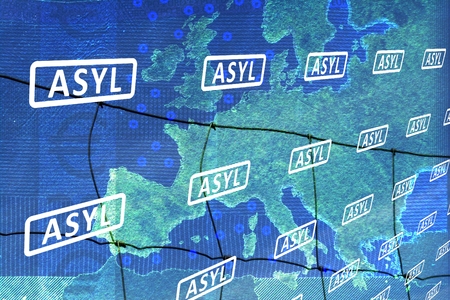 Asylum in Europe -The map of Europe with Scripture bands with the word ASYLUM. German version.の写真素材