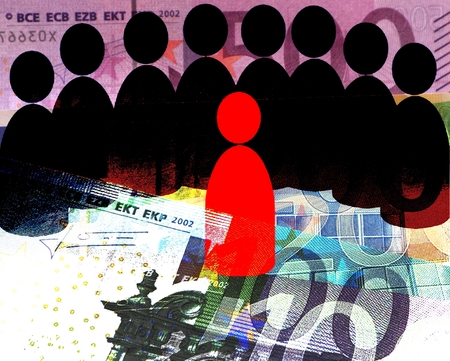 Social Trading - red and black symbols indicate a lecture situation, background: Euro bills.の写真素材