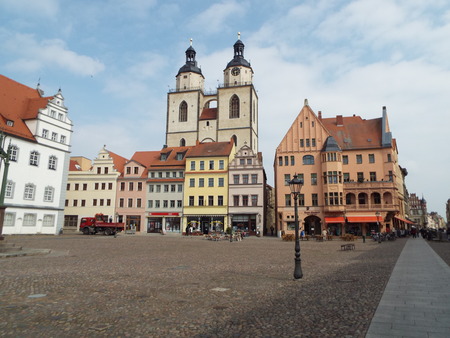 Towers of St. Mary's Church, Wittenberg, Germany 04.12.2016 At the door of the Castle Church in Wittenberg reformer Martin Luther nailed his 95 theses. By Luther and Melanchthon, the Wittenberg wurde the center of the Reformation.のeditorial素材