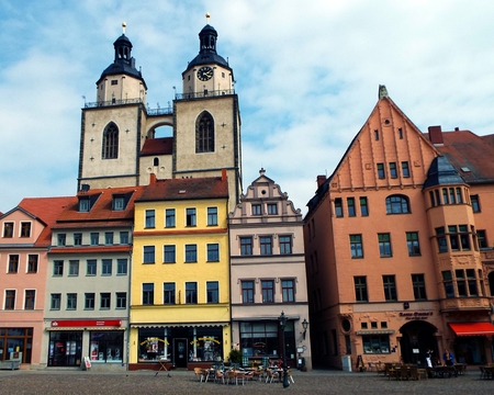 Towers of St. Mary's Church, Wittenberg, Germany 04.12.2016 - At the door of the Castle Church in Wittenberg reformer Martin Luther nailed his 95 theses. By Luther and Melanchthon, the Wittenberg wurde the center of the Reformation.のeditorial素材