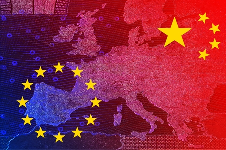 The Chinese flag and the European flag overlap on the banner map of Europeの写真素材