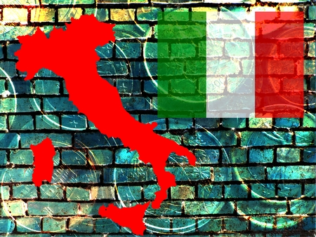 Italy and the EU: Financial politics - On a gray-blue brick wall you can see the map of Italy. Given the national flag. Translucent: euro coinsの写真素材