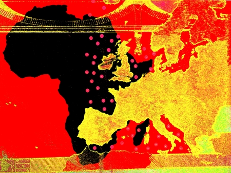 The African policy of Europe - A European map in golden colors is right of the African continent in black. Background: red.の写真素材
