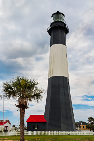 The black and white Tybee Island Lighthouse, near Savannah, Georgia, stands tall against a clear blue summer sky with a palm tree in the foreground の写真素材
