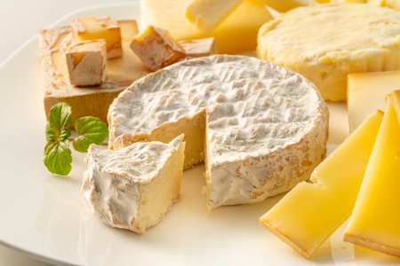 Cheese Plate with Camembert and Gorgonzola Cheese.Assortment of fresh and delicious cheesesの写真素材