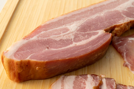 Slices of smoked bacon on a wooden cutting board closeup.
Delicious bacon that is fresh and full of...