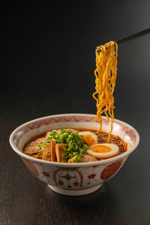 japanese miso ramen noodle with egg on black backgroundの写真素材