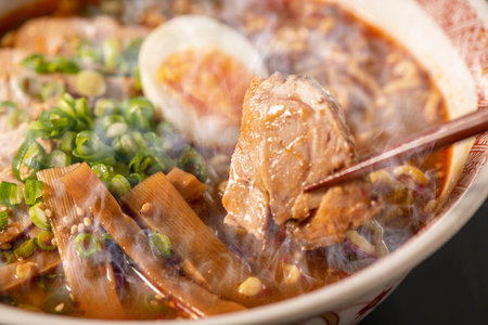 chinese noodle soup with pork and egg, closeup shotの写真素材