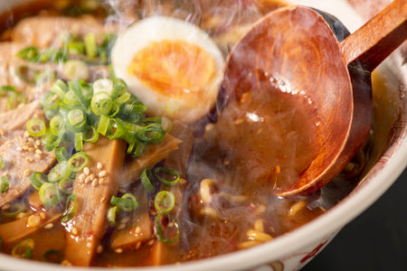 japanese miso ramen noodle with pork and eggの写真素材