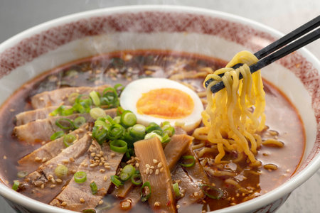 japanese miso ramen noodle with pork and eggの写真素材