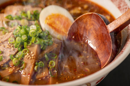 japanese miso ramen noodle soup with pork and eggの写真素材