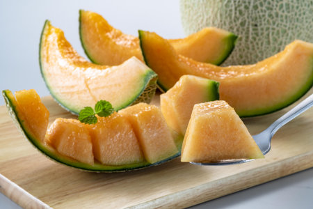 Melon slices on a wooden plate, close-up, selective focusの写真素材
