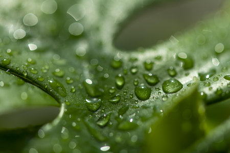 Green leaf with water drops close up. Natural background. Macro.