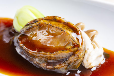 Steamed squid with oyster sauce on white backgroundの写真素材