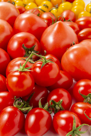 Cherry tomatoes isolated on white background. Close-up. Top view.の写真素材