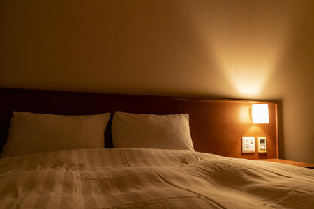 Double bed with light lamp in hotel room. Interior design concept.の写真素材