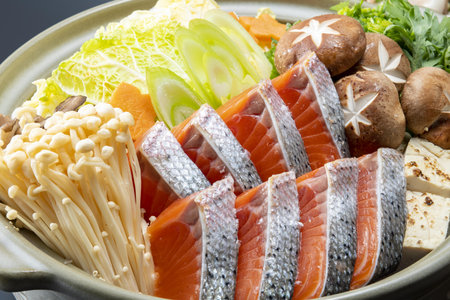 japanese cuisine. Mix Sashimi (Salmon) in potの写真素材