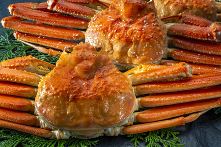 Close-up of steamed crabs on a black slate background.の写真素材