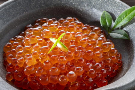 Salmon roe in a bowl, close-up, horizontalの写真素材