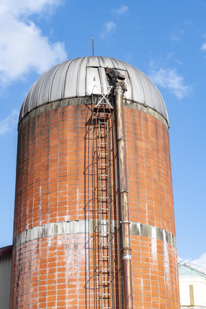 Industrial silos for storage of agricultural products against the blue skyの写真素材