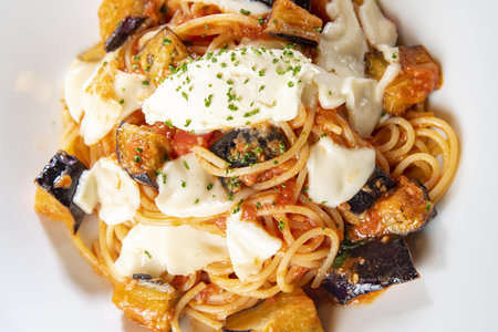 Pasta with eggplant, tomato sauce and mozzarella cheeseの写真素材