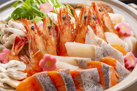 japanese cuisine. Sashimi and shrimps on backgroundの写真素材